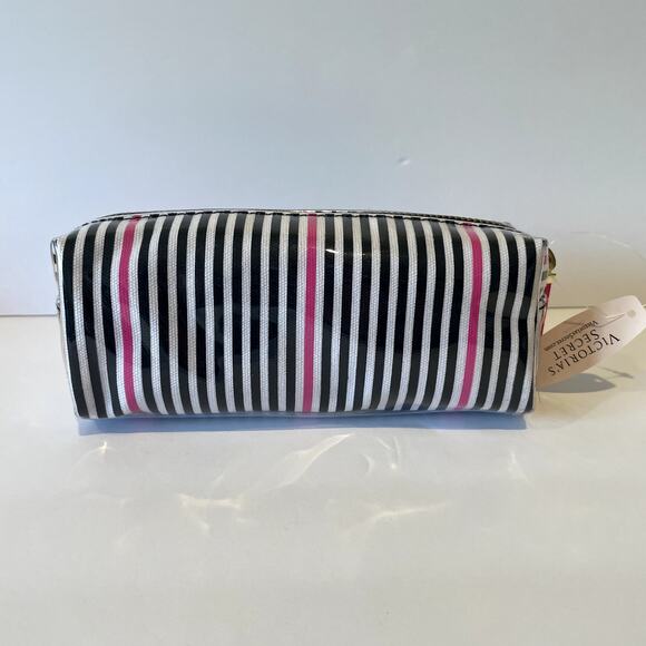 Victoria's Secret Make Up Bag Womens Black White Pink Stripe Beauty Cosmetic - Picture 6 of 8
